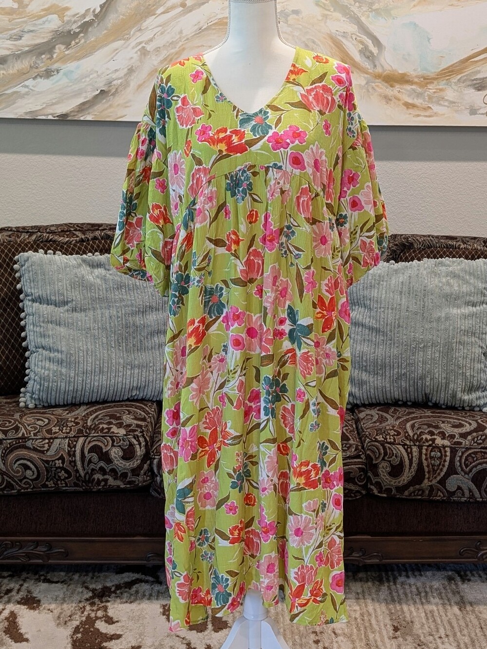 Floral V-Neck Dress in Lime Green and Pink